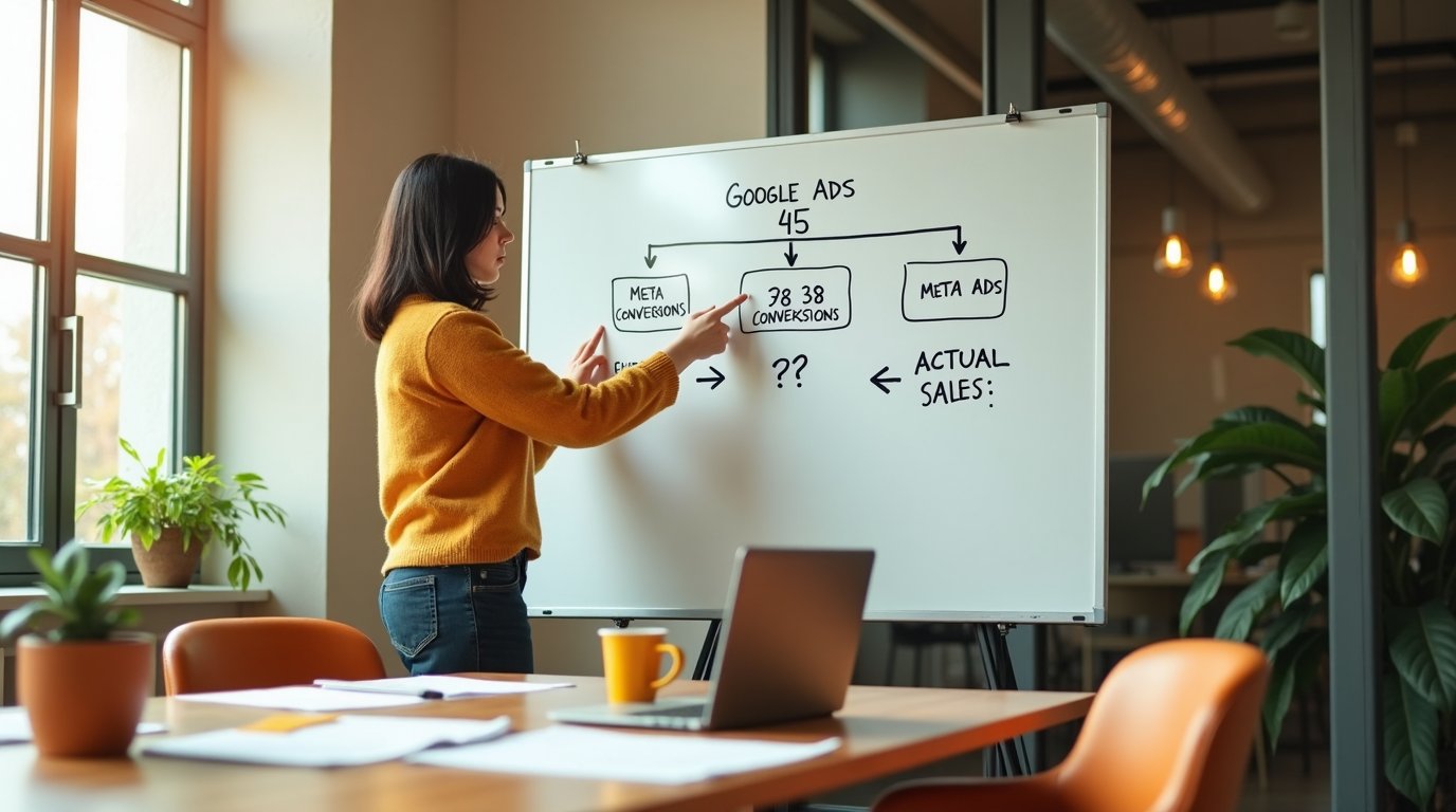 Twoje Google Ads pokazuje 45 konwersji, Meta Ads raportuje 38. W rzeczywistości sprzedałeś 30 produktów. Kto ma rację i jak mierzyć prawdziwy ROI reklamy bez systemu BI za pół miliona złotych?