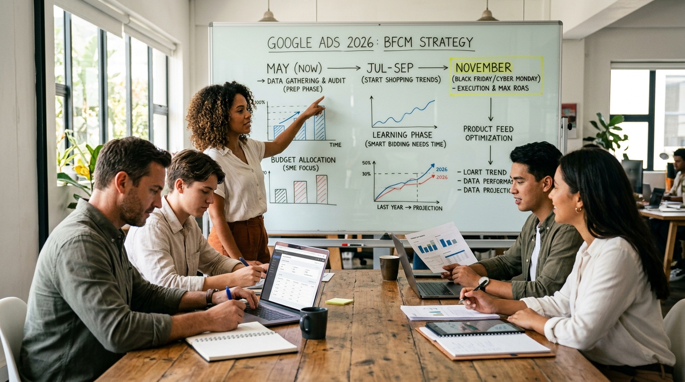 Sezon Black Friday 2026 zaczyna się w listopadzie, ale plan budżetu robi się w maju. Pokazujemy, czego nie tykać w Google Ads pod sezon — wg badania 6000 reklamodawców z trzech ostatnich BFCM — i co warto zaplanować już teraz.