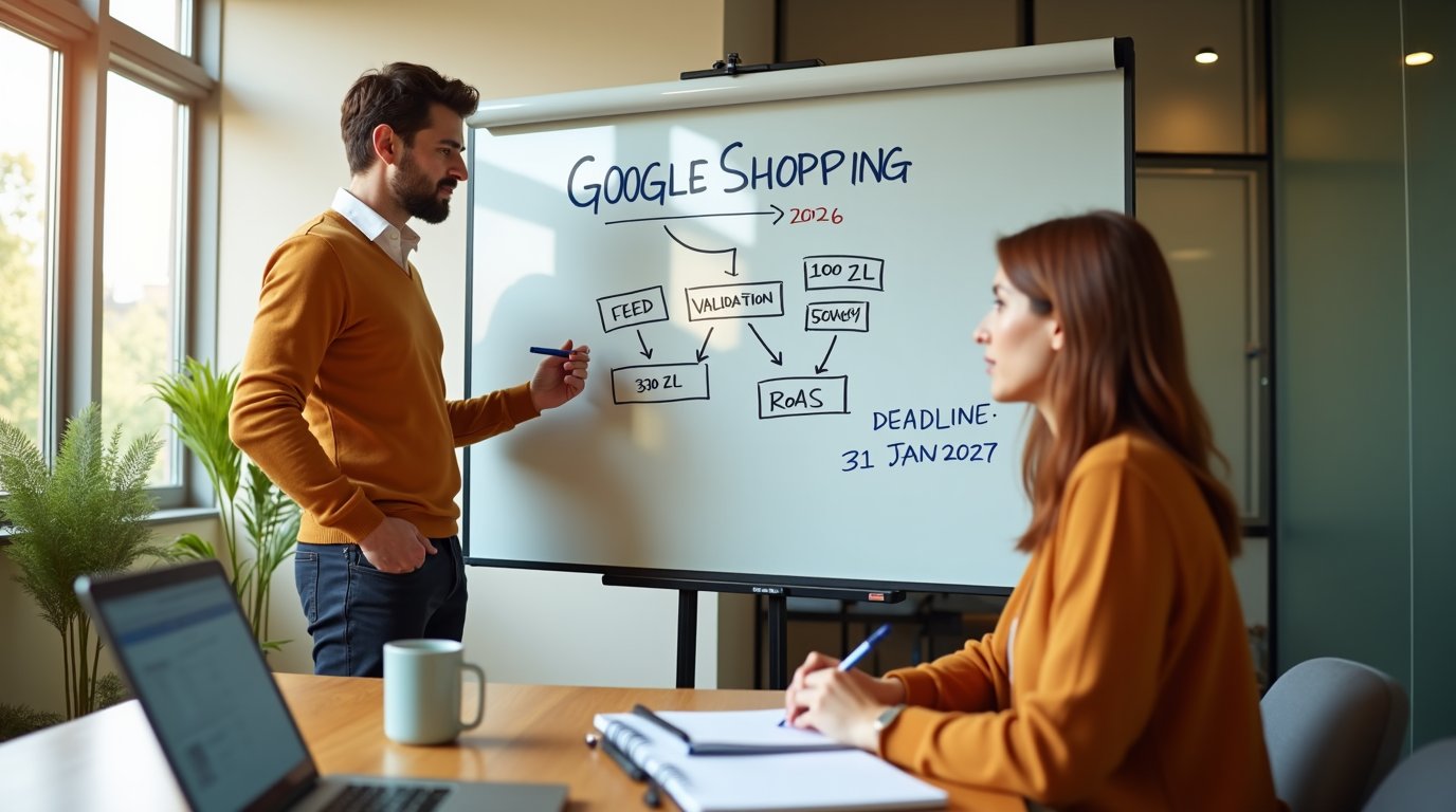 Feed produktowy, kampanie Shopping, Performance Max i nowe funkcje AI — kompletny przewodnik po Google Merchant Center 2026 dla właścicieli małych sklepów, którzy chcą sprzedawać więcej bez zwiększania budżetu reklamowego.