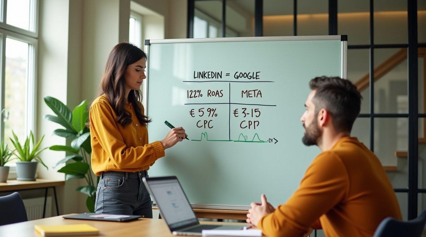 LinkedIn Ads kosztują 3–5× więcej za klik niż Meta czy Google. Ale w B2B z wieloosobowymi decyzjami ROAS sięga 121% — vs 67% Google Search i 51% Meta. Sprawdź trzy pytania, które decydują, czy Twoja firma kwalifikuje się do tej platformy.