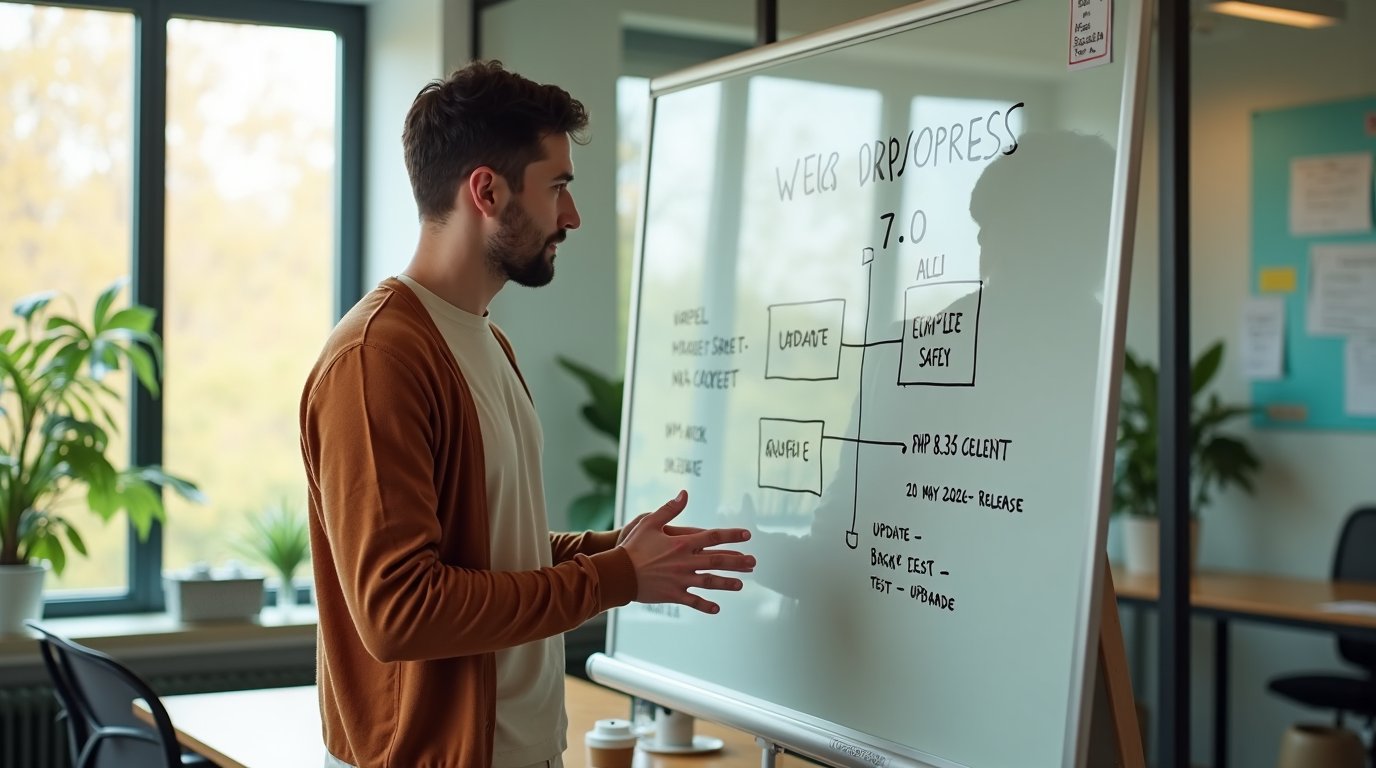 WordPress 7.0 wydany w maju 2026 wprowadza wbudowane AI i nowe wymagania PHP. Jeśli Twoja strona stoi na PHP 7.2 lub 7.3, nie dostaniesz już automatycznych aktualizacji — wyjaśniamy, co sprawdzić i jak zaktualizować bezpiecznie.