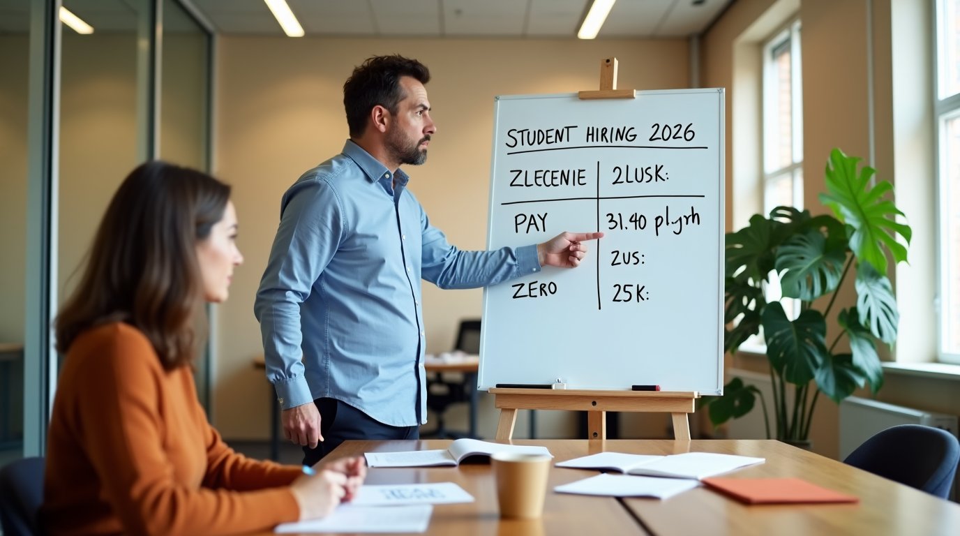 Zatrudnienie studenta latem to jedna z najtańszych form sezonowego wsparcia dla MŚP — zero składek ZUS, zero PIT do 85 528 zł, minimalna stawka 31,40 zł/godz. przez cały rok. Pokazujemy, jak to działa w 2026 roku, jakich błędów unikać i co zmieniła ustawa stażowa od maja.